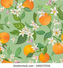 Seamless Orange pattern with tropic fruits, leaves, flowers background. Hand drawn vector illustration in watercolor style for summer cover, citrus tropical wallpaper, vintage texture