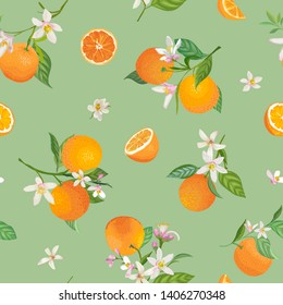 Seamless Orange pattern with tropic fruits, leaves, flowers background. Hand drawn vector illustration in watercolor style for summer cover, citrus tropical wallpaper, vintage texture