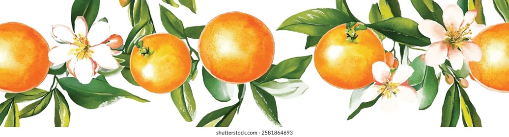 Seamless Orange pattern with tropic fruits, leaves, flowers background. Hand drawn watercolor vector illustrations on white background
