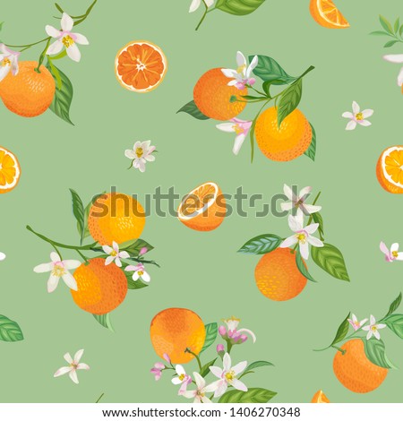 Seamless Orange pattern with tropic fruits, leaves, flowers background. Hand drawn vector illustration in watercolor style for summer cover, citrus tropical wallpaper, vintage texture