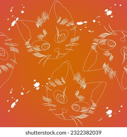 seamless orange pattern with white outline cat faces