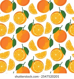 Seamless orange pattern Whole and sliced orange slices, with leaves on white background, vector illustration Template for kitchen textiles, wrapping paper, juice and cosmetics