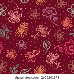 Seamless orange, pink, green, violet, blue lines flowers and dots on neutral dark red background. Floral pattern with hand-drawn doodle wildflowers. Ideal for cozy, simple childish moods on digital