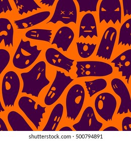 Seamless orange and purple Halloween pattern, hand-drawn ghosts pattern with funny expressions, halloween characters in cartoons style, EPS 8