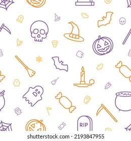 Seamless orange and purple outline icons of Halloween related things