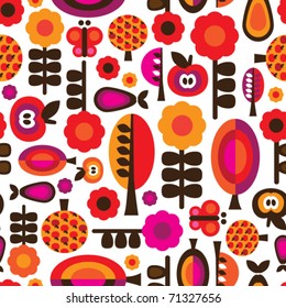 Seamless orange red retro flower with apple pear butterfly pattern in vector