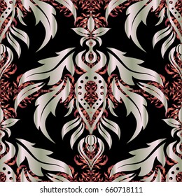 Seamless orange and red vintage pattern on black background. Vector old moroccan, arabian and turkish ornaments.