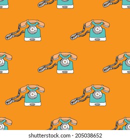 Seamless orange retro hello telephone illustration vintage background pattern in vector 