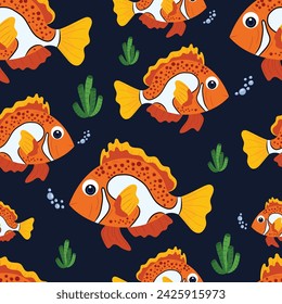 Seamless orange sea fish pattern on black isolated background. Cartoon style. For packaging paper, wallpapers, prints.