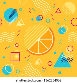 Seamless orange slice with geometric figures on yellow background. Vector illustration