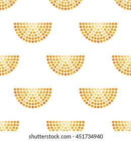 Seamless Orange slices dotted pattern. Mosaic of fruit silhouette. Summer motif. Abstract colorful background. Vector illustration. 