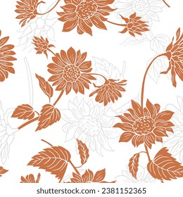 seamless orange sunflower drawing pattern on white background, sunflower flowers in monochrome colors, ornament for wallpaper and fabrics, scrapbooking, textile.

