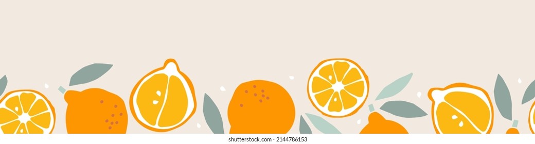 Seamless orange or tangerine fruit border. Fruits with leaf hand drawn sketch. Whole fruit and cut half. Silhouette vector illustration for wallpaper. Food template for menu, cover, nursery design.