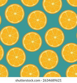 Seamless  orange template on isolated blue background. Vector illustration of sliced round orange slices. Template for packaging design, greeting cards, textiles.