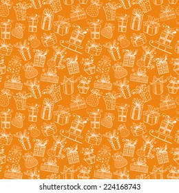 Seamless orange texture with cute white gift boxes. Can be used for wallpaper, pattern fills, textile, web page background, surface textures. Vector illustration. 