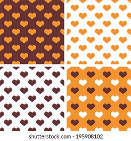 Seamless orange and white tile vector background set with hearts.