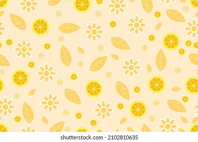 Seamless oranges and leaf  pattern. background with oranges and leaf slice yellow color pieces. art style fruit background design concept for summer season. Vector idea food sweet.