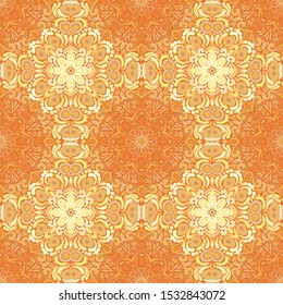 Seamless orange-yellow ornament. Quadrilateral elements. Orange background.