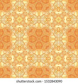 Seamless orange-yellow ornament. Quadrilateral elements. Orange background.