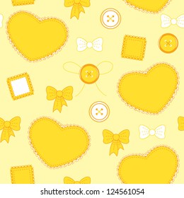 Seamless orange-yellow pattern with hearts, buttons and patches