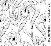 Seamless orchid flowers cattleya sketched pattern white background