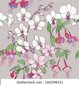 Seamless Orchid and fuchsia pattern. Vector graphics.
