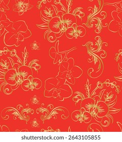 seamless orchid pattern with a golden gradient outline on a  red background.Isolated, close-up.Design element