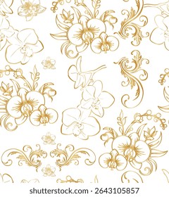 nahtloses Orchideenmuster mit goldenem Farbverlauf auf weißem Hintergrund.Einzeln, Nahaufnahme.Design-Element