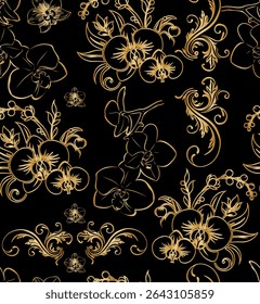 seamless orchid pattern with a golden gradient outline on a  black background.Isolated, close-up.Design element