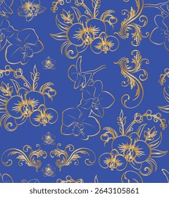 nahtloses Orchideenmuster mit goldenem Farbverlauf auf blauem Hintergrund.Einzeln, Nahaufnahme.Design-Element