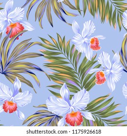 seamless orchids pattern. Vector tropical design. orchids and palms. 