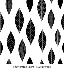 Seamless organic background with black single vertical rowan leaves. Background with leaf silhouette. Vector Illustration. Black and white floral texture.
