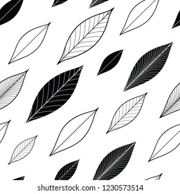 Seamless organic background with black and white single diagonal rowan leaves. Background with leaf silhouette. Vector Illustration. Black and white floral texture.