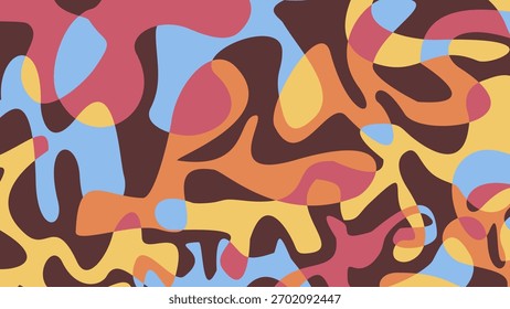 Padrão de Blob Orgânico Perfeito na década de 70 Estilo Retrô: fundo colorido abstrato com sobreposição de formas curvas em tons castanho quente, amarelo, laranja, vermelho e azul