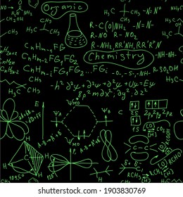 Seamless Organic chemistry formulas hand written green glow background on a blackboard vector illustration. All formulas are correct.