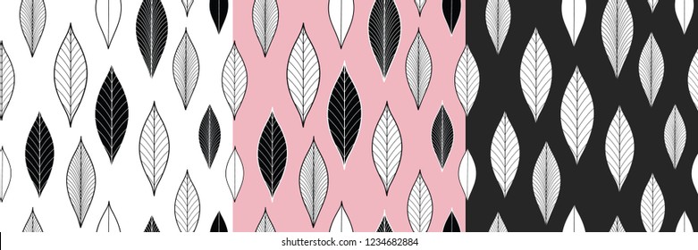 Seamless organic elegant pattern set with single vertical black and white, pink rowan leaves. Leaf silhouettes. Vector Illustration. Fashion floral  spring, summer texture.