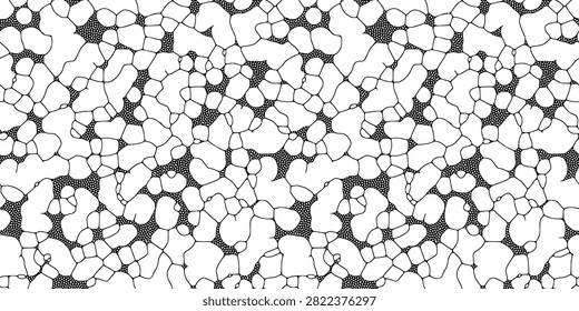 Seamless organic mosaic pattern vector in black and white. Rounded pebble cells and stippled dark spaces create a coral like biomorphic texture.