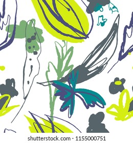 The seamless organic pattern with abstract elements and tropical leaves and flowers. Hand drawn overlapping nature background for your design.Textile, blog decoration, banner, poster, wrapping paper.