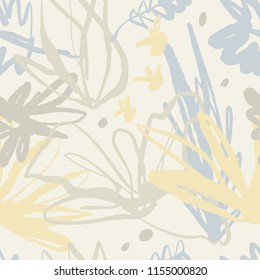 The seamless organic pattern with abstract elements and tropical leaves and flowers. Hand drawn overlapping nature background for your design.Textile, blog decoration, banner, poster, wrapping paper.