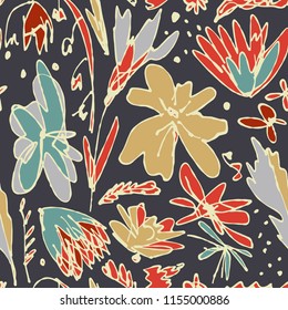The seamless organic pattern with abstract elements and tropical leaves and flowers. Hand drawn overlapping nature background for your design.Textile, blog decoration, banner, poster, wrapping paper.