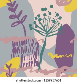 The seamless organic pattern with abstract elements and tropical leaves and flowers. Hand drawn overlapping nature background for your design.Textile, blog decoration, banner, poster, wrapping paper.