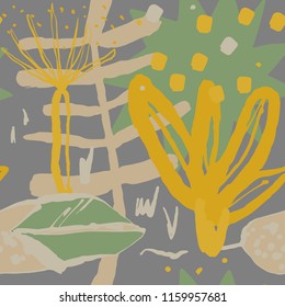 The seamless organic pattern with abstract elements and tropical leaves and flowers. Hand drawn overlapping nature background for your design.Textile, blog decoration, banner, poster, wrapping paper.