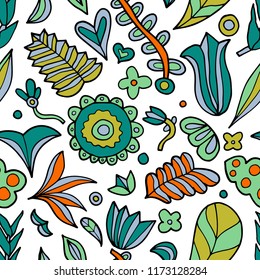 The seamless organic pattern with abstract flowers. Hand drawn spring overlapping nature background for your design.Textile, blog decoration, banner, poster, wrapping paper.