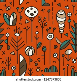 The seamless organic pattern with abstract flowers elements. Hand drawn doodle ethnic nature background for your design.Textile, blog decoration, banner, poster, wrapping paper.

