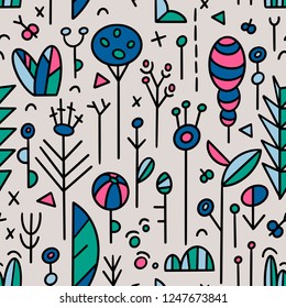 The seamless organic pattern with abstract flowers elements. Hand drawn doodle ethnic nature background for your design.Textile, blog decoration, banner, poster, wrapping paper.
