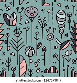 The seamless organic pattern with abstract flowers elements. Hand drawn doodle ethnic nature background for your design.Textile, blog decoration, banner, poster, wrapping paper.
