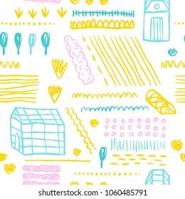 The seamless organic  pattern with greenhouse, garden bed and vegetables. Hand drawn spring overlapping nature background for your design.Textile, blog decoration, banner, poster, wrapping paper.
