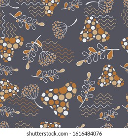 Seamless organic pattern of leaves and berries. Abstract textural background for wallpaper, wrapping paper. Background with geometric elements.