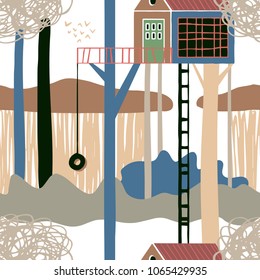 The seamless organic  pattern with treehouse in scandinavian forest. Hand drawn overlapping nature background for your design.Textile, blog decoration, banner, poster, wrapping paper.