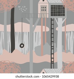 The seamless organic  pattern with treehouse in scandinavian forest. Hand drawn overlapping nature background for your design.Textile, blog decoration, banner, poster, wrapping paper.